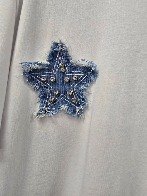 Cotton Crystal Stud Denim Patch T-shirt