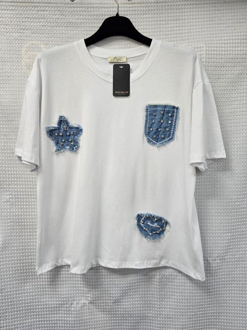 Cotton Crystal Stud Denim Patch T-shirt