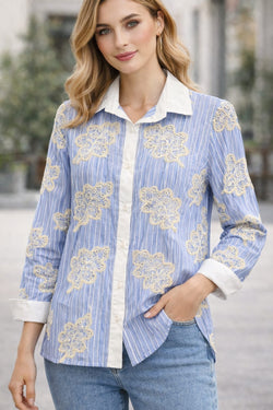 Leaf Embroidery Stripe Shirt