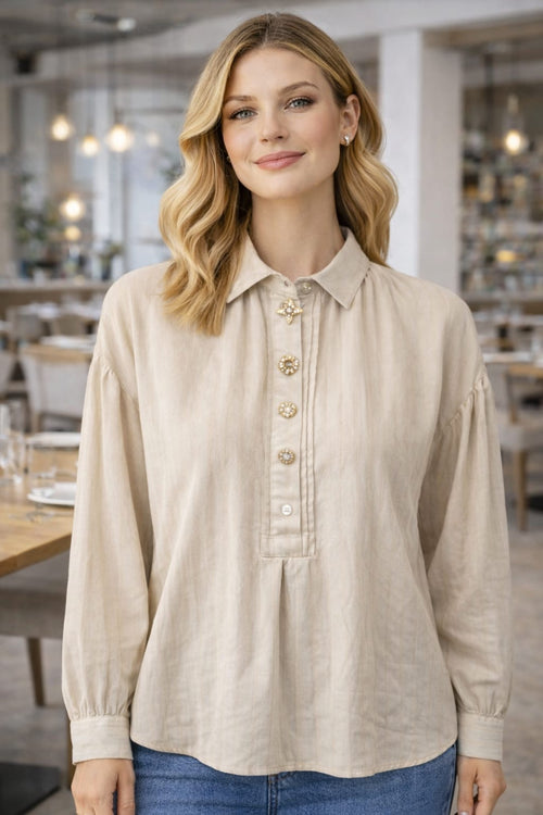 Oversized Linen Gold Seashell Collar Shirt