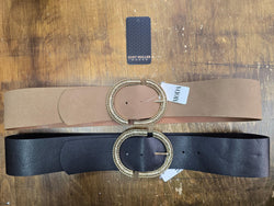 Gold Oval Buckle Suedette Stretch Belt