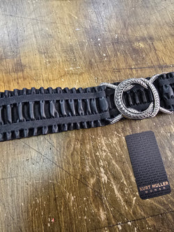 Black Pu Leather Look Frill Edge Silver Buckle Belt