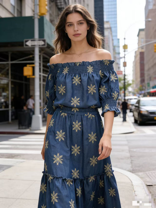 Gold Embroidery Cotton Denim Skirt