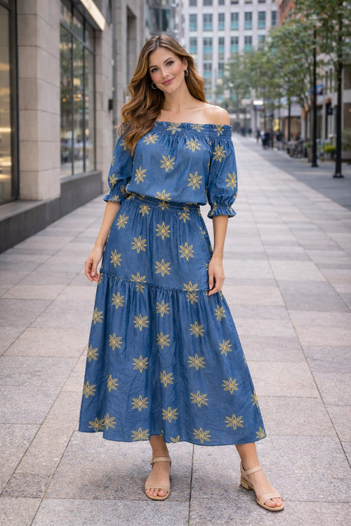 Gold Embroidery Cotton Denim Skirt