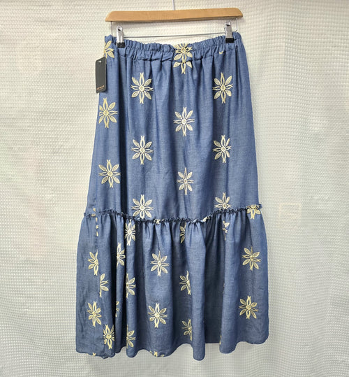 Gold Embroidery Cotton Denim Skirt