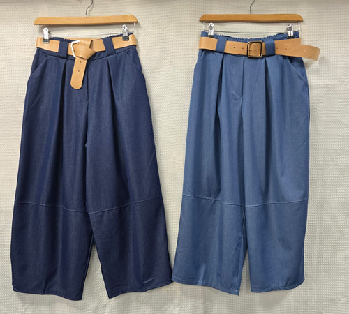 Soft Denim Tencel Barrel Leg Belted Trousers