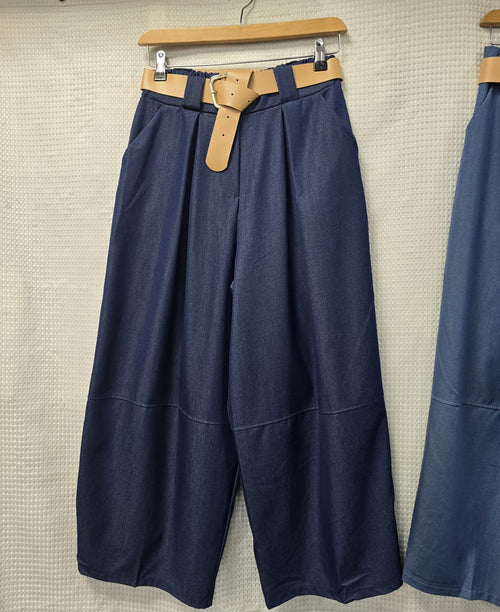 Soft Denim Tencel Barrel Leg Belted Trousers