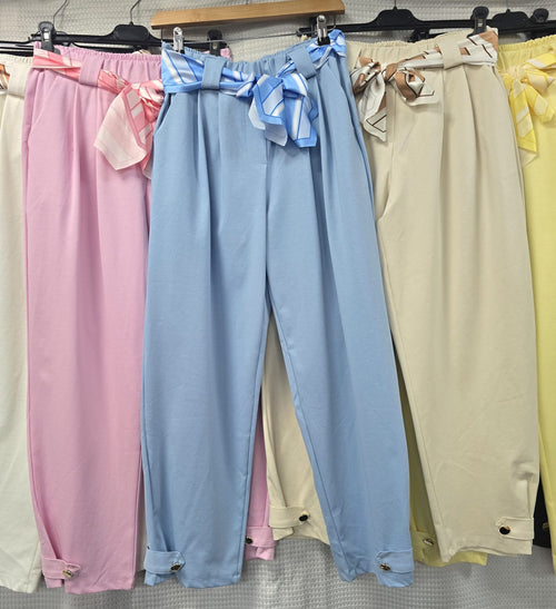 Gold Button Scuba Cotton Belt Trousers