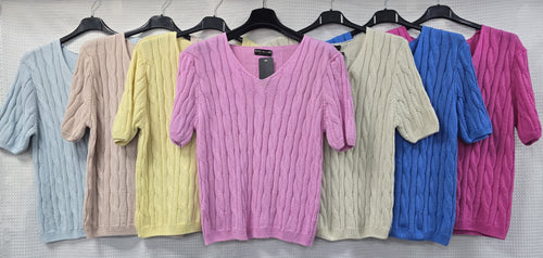 Cable V Neck Pure Cotton Fine Knit