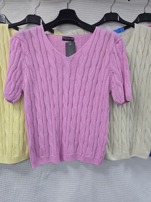Cable V Neck Pure Cotton Fine Knit