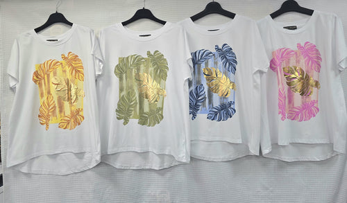 Gold Leaf Palm Cotton High Low T-shirt Top