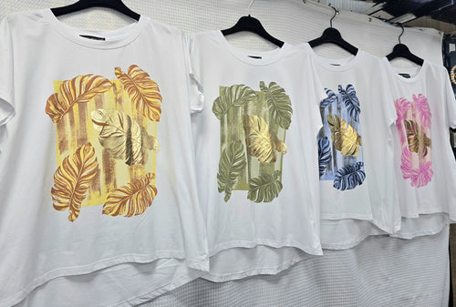 Gold Leaf Palm Cotton High Low T-shirt Top