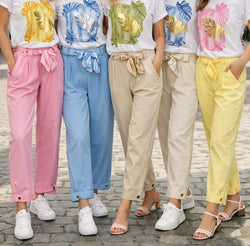 Gold Button Scuba Cotton Belt Trousers