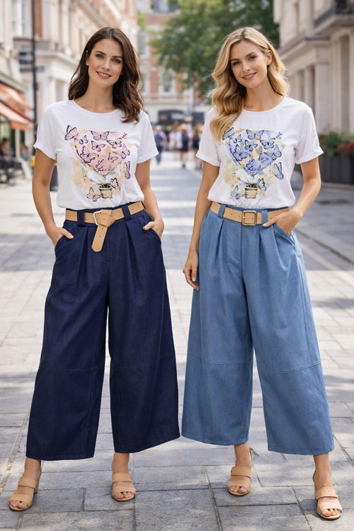 Soft Denim Tencel Barrel Leg Belted Trousers