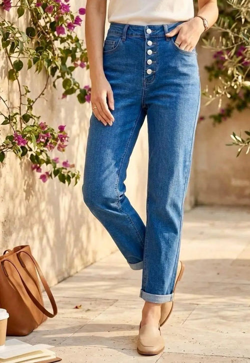 Denim Turn Up Voggo Jean with Silver Embellished Buttons