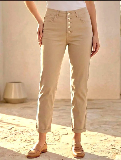 Stone Beige Silver Button Embellished Turn Up Hem Voggo Ankle Grazer Jeans