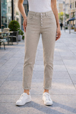 Stone Beige Silver Button Embellished Turn Up Hem Voggo Ankle Grazer Jeans