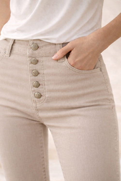 Stone Beige Silver Button Embellished Turn Up Hem Voggo Ankle Grazer Jeans