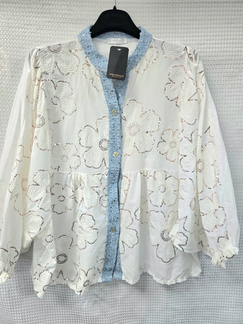 Sequin Contrast Poppy Embellished Shirt with Denim Trim
