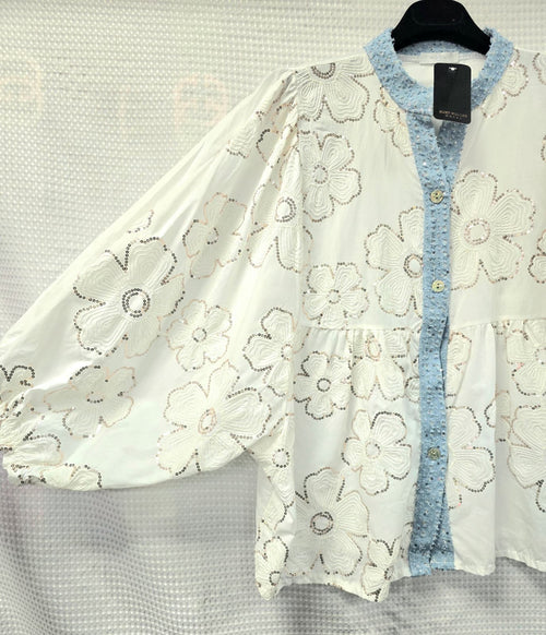 Sequin Contrast Poppy Embellished Shirt with Denim Trim