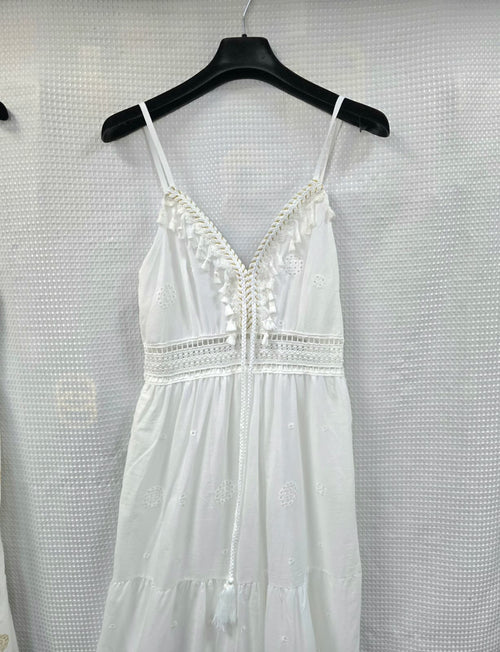 Lena Strappy Cotton Gold Embroidery Maxi Dress