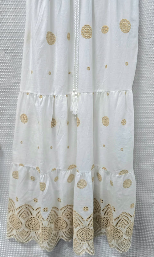 Lena Strappy Cotton Gold Embroidery Maxi Dress