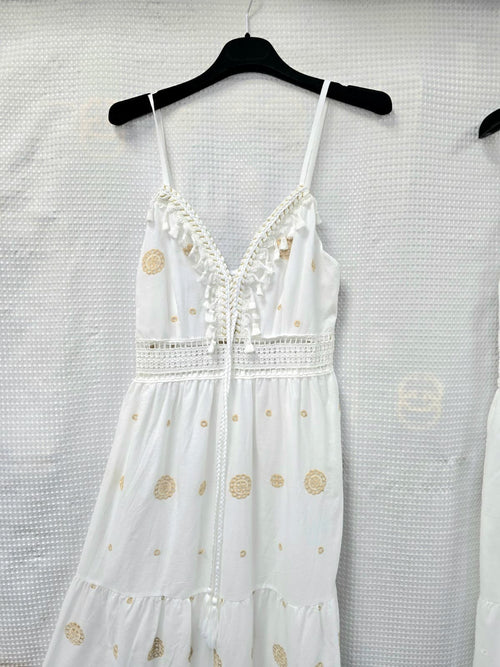 Lena Strappy Cotton Gold Embroidery Maxi Dress