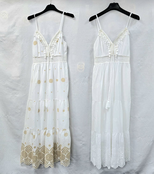 Lena Strappy Cotton Gold Embroidery Maxi Dress