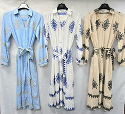 Tara Linen Look Button Belted Embroidery Shirt Dress