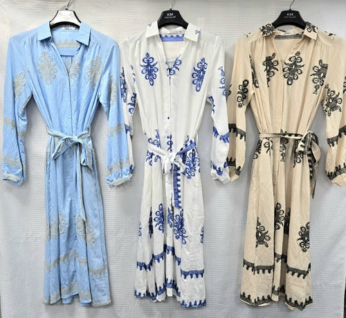 Tara Linen Look Button Belted Embroidery Shirt Dress