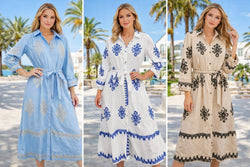 Tara Linen Look Button Belted Embroidery Shirt Dress