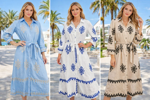 Tara Linen Look Button Belted Embroidery Shirt Dress