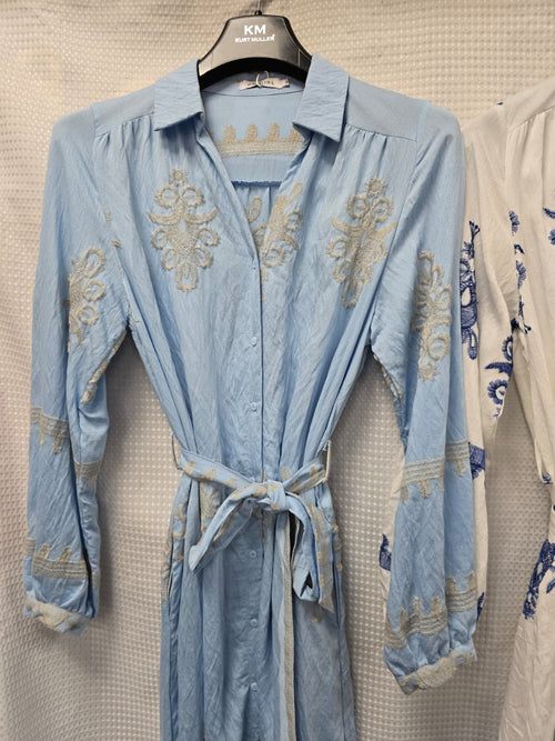 Tara Linen Look Button Belted Embroidery Shirt Dress