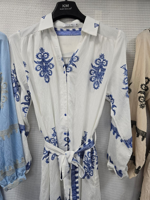 Tara Linen Look Button Belted Embroidery Shirt Dress