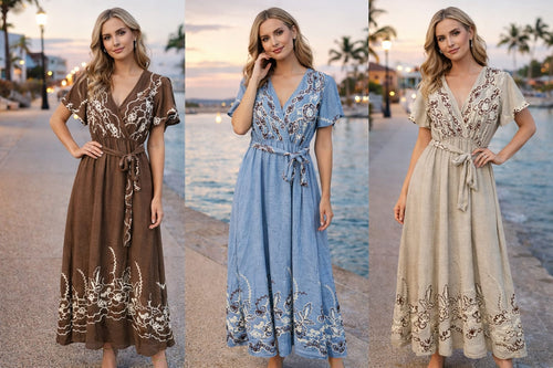 India Linen Look Embroidery Maxi Dress