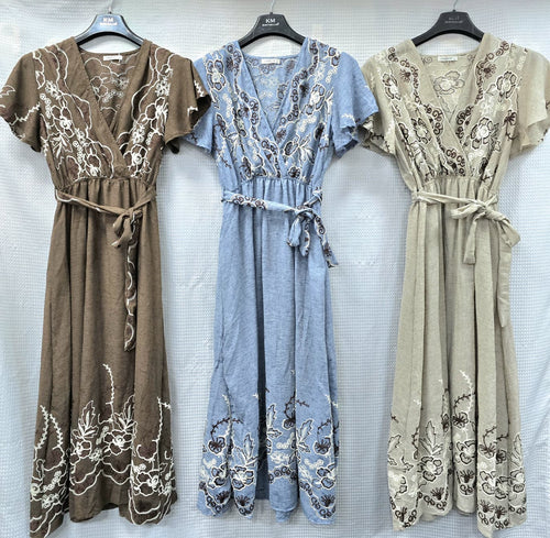 India Linen Look Embroidery Maxi Dress
