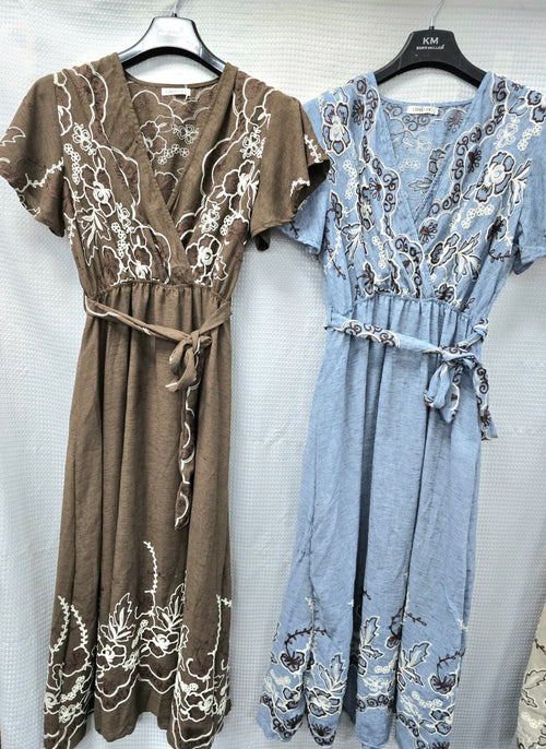 India Linen Look Embroidery Maxi Dress