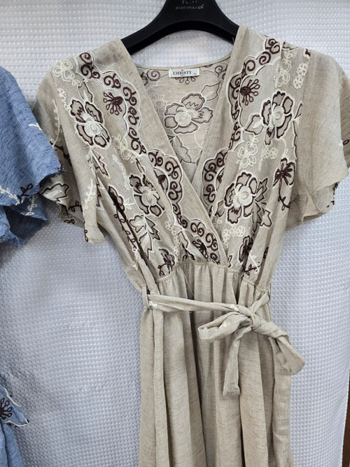 India Linen Look Embroidery Maxi Dress