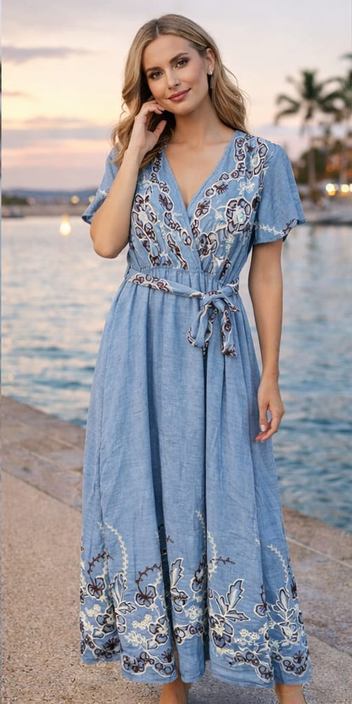 India Linen Look Embroidery Maxi Dress