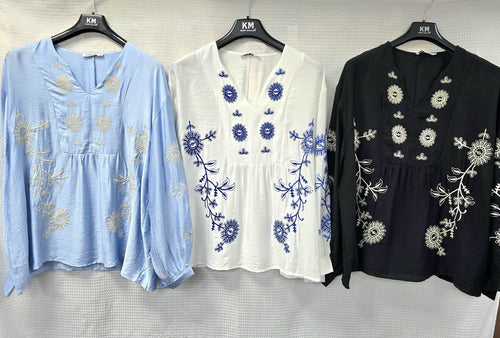 V Embroidery Linen Look Tunic