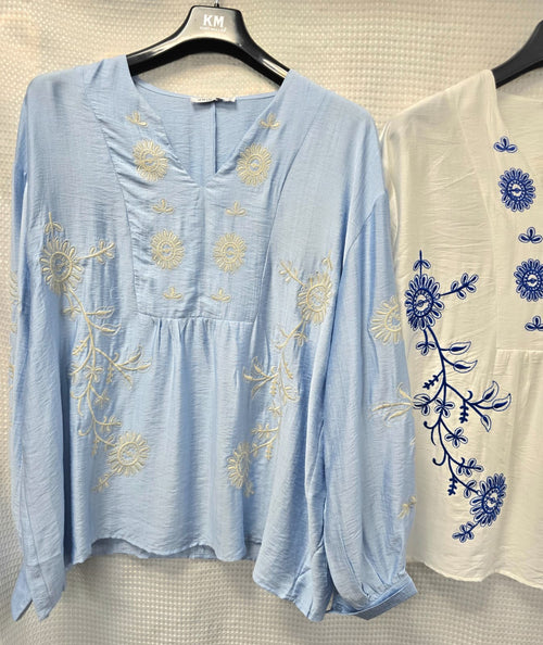 V Embroidery Linen Look Tunic