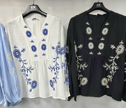 V Embroidery Linen Look Tunic