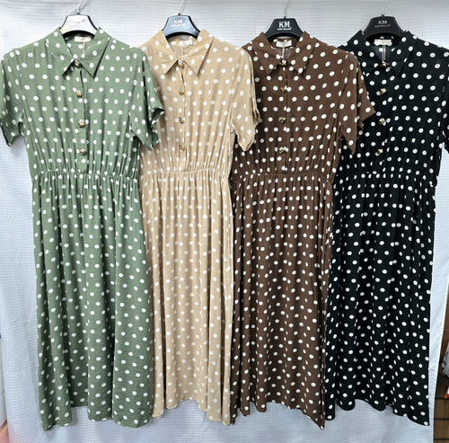 Venetia Polka Dot Gold Pebble Button Dress