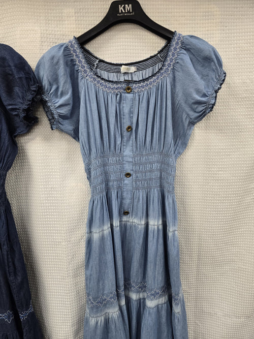 Denim Cotton Embroidery Stitch Bardot Maxi Dress