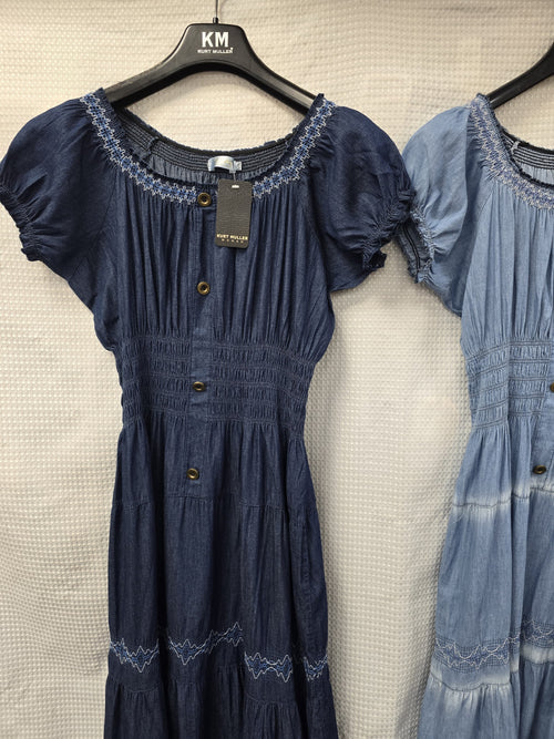 Denim Cotton Embroidery Stitch Bardot Maxi Dress