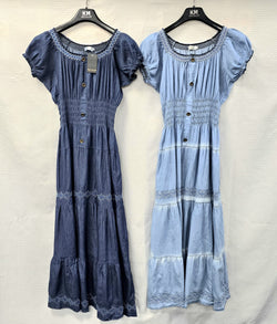 Denim Cotton Embroidery Stitch Bardot Maxi Dress