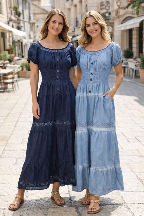 Denim Cotton Embroidery Stitch Bardot Maxi Dress