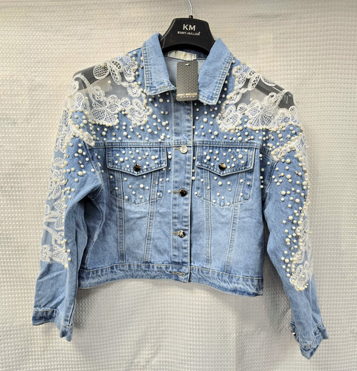 Pearl & Crystal Cotton Crochet Denim Jacket