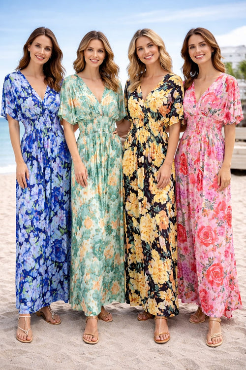 Tropical Gold Foil Slinky Maxi Dress