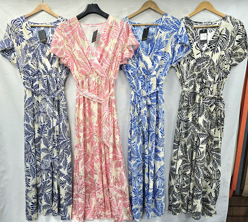 Leaf Gold Foil Crossover Belted Maxi Dress